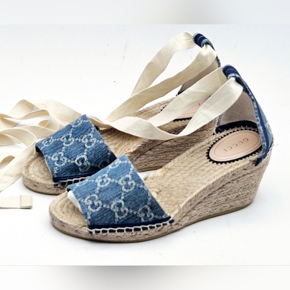 GUCCI Pilar GG Logo Blue Denim Pilar Espadrille Wedge Sandals size 37 7 NEW - Picture 6 of 11